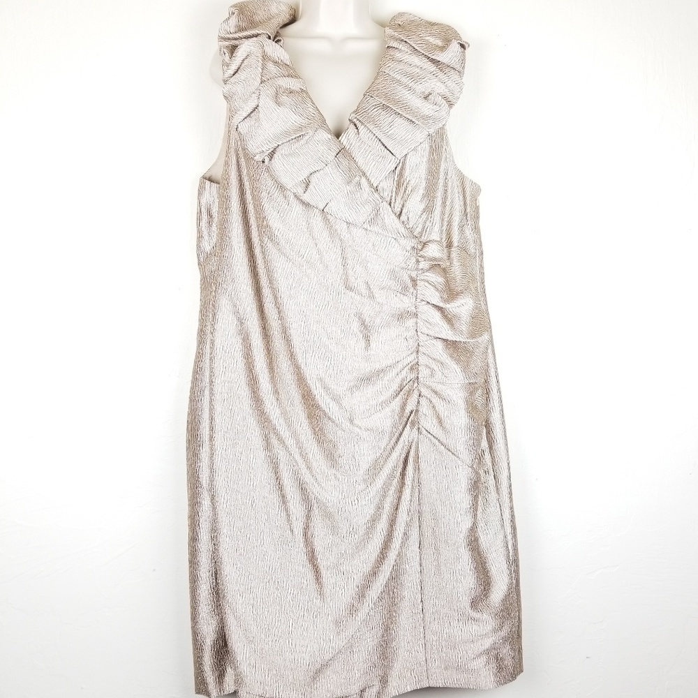 Adrianna Papell Gold Sheath Dress Ruffle Neck 22W